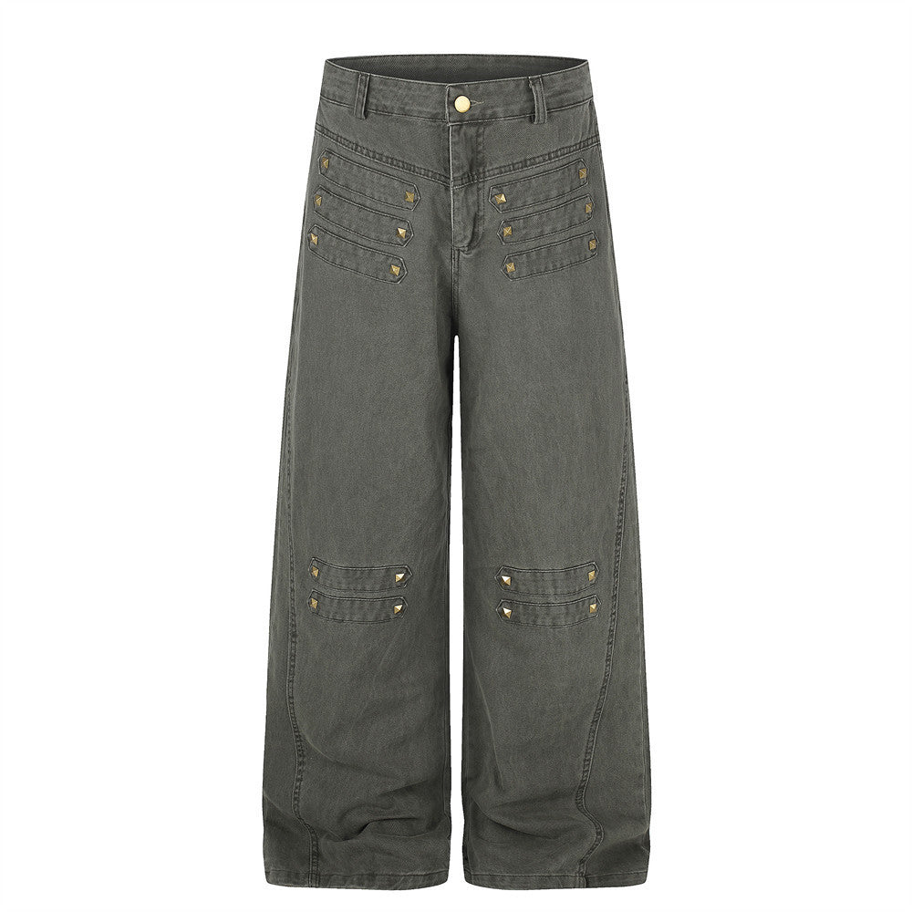 Wide-Leg Cargo Pants with Gold Pyramid Studs – Punk Workwear Straight-Cut