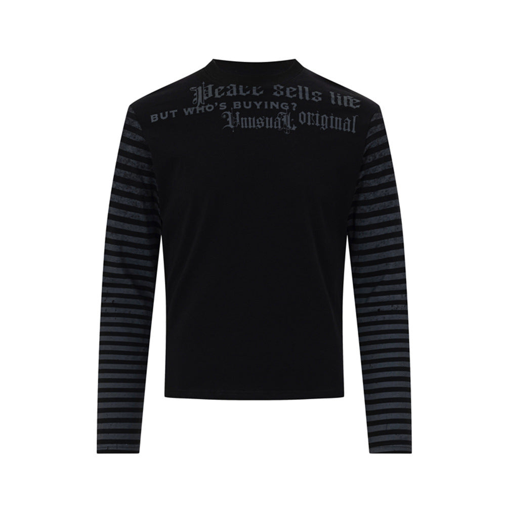 Men's Gothic Letter Print Long-Sleeve Tee with Striped Sleeve Splice