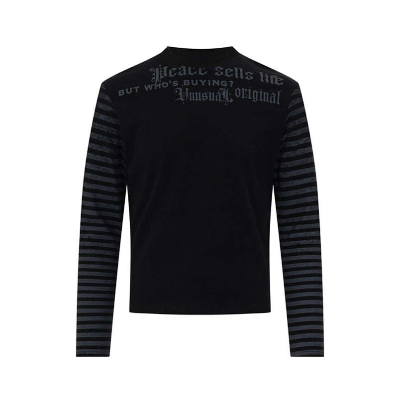 Men's Gothic Letter Print Long-Sleeve Tee with Striped Sleeve Splice