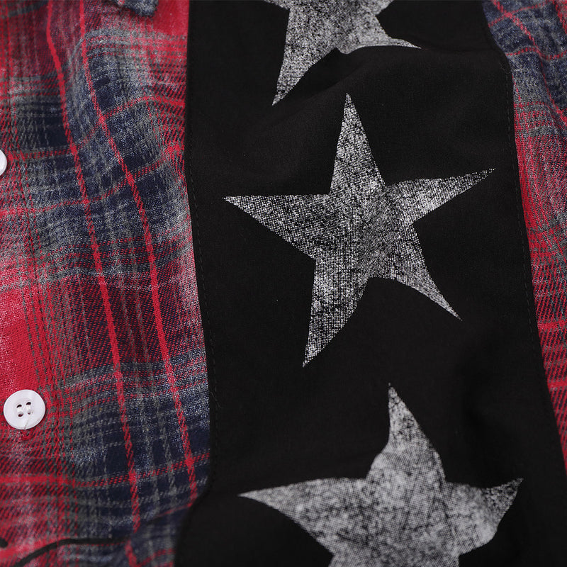 Plaid Flannel Shirt with Union Jack & Star Patch Panel — Oversized Vintage Fit