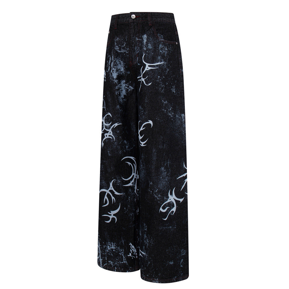 Tribal Print Baggy Jeans – Black Distressed Wide-Leg Denim