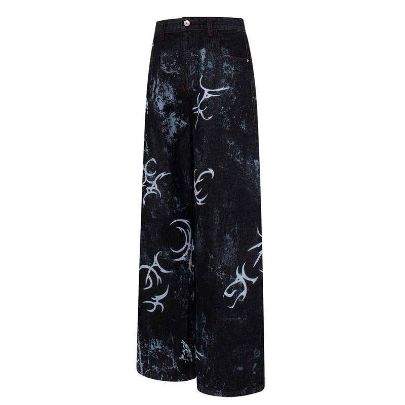Tribal Print Baggy Jeans – Black Distressed Wide-Leg Denim