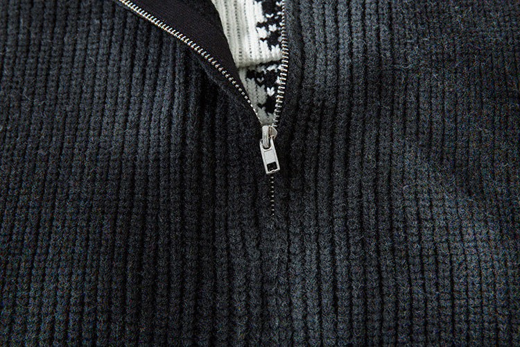 Veste-pull zippée en maille jacquard croix gothique – Col montant médiéval sombre