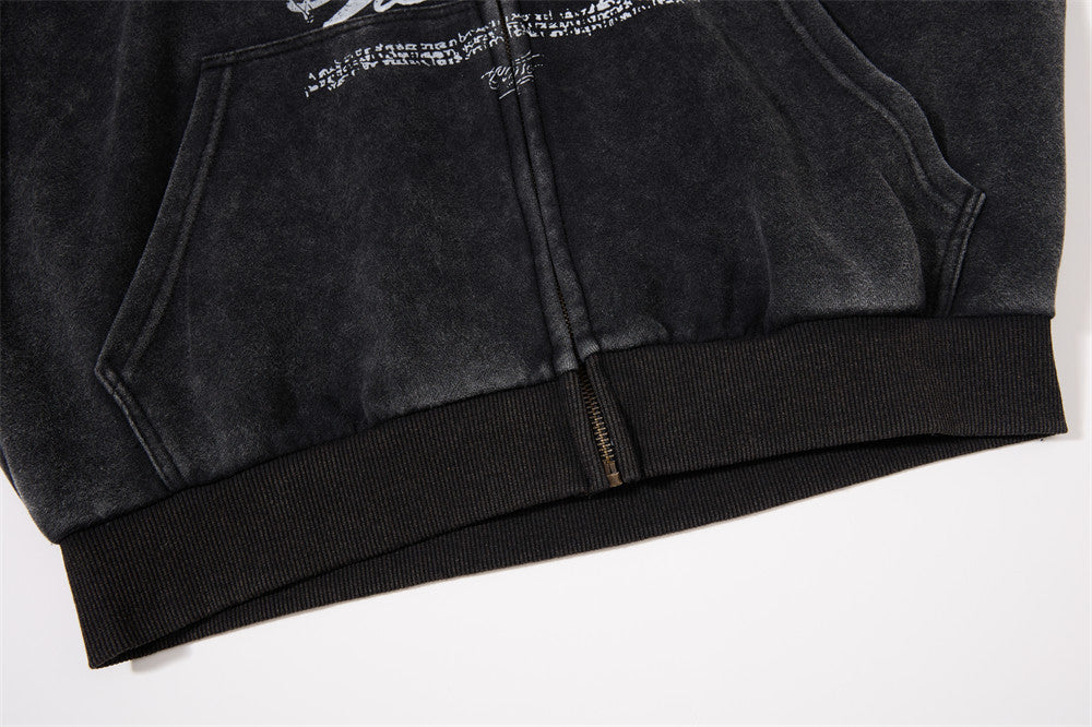 Punk Vintage Graphic Zip-Up Hoodie – Oversized Distressed Print Fleece