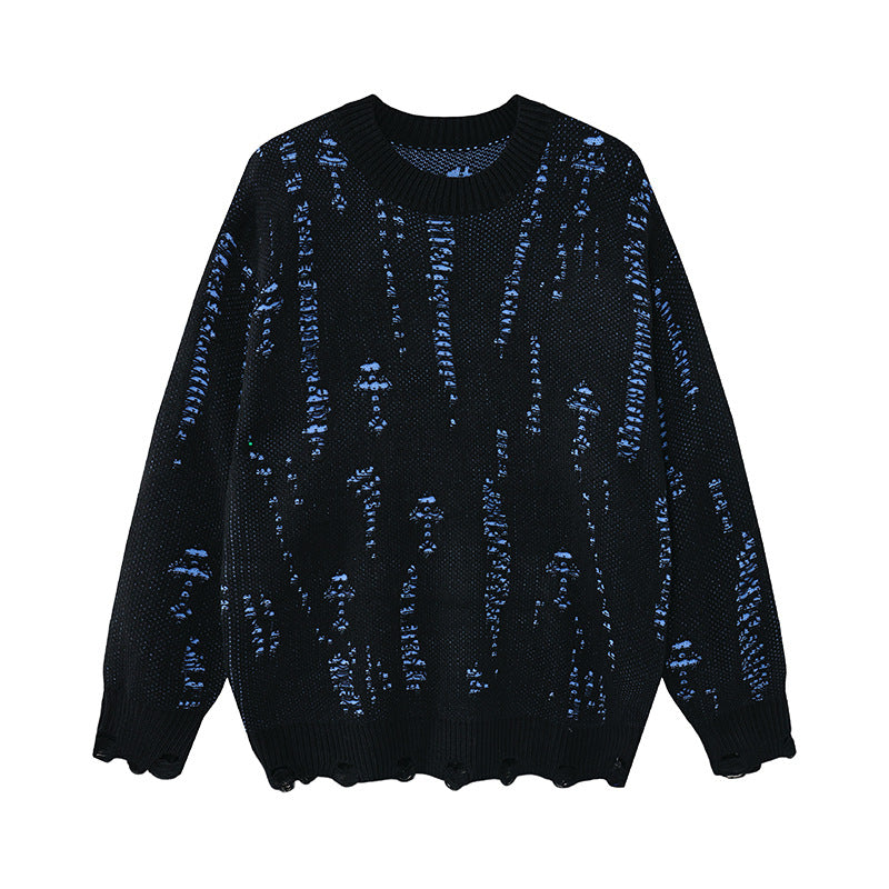 Pull homme oversize noir en maille à col rond avec coutures en échelle effet usé et détail en fil contrastant bleu