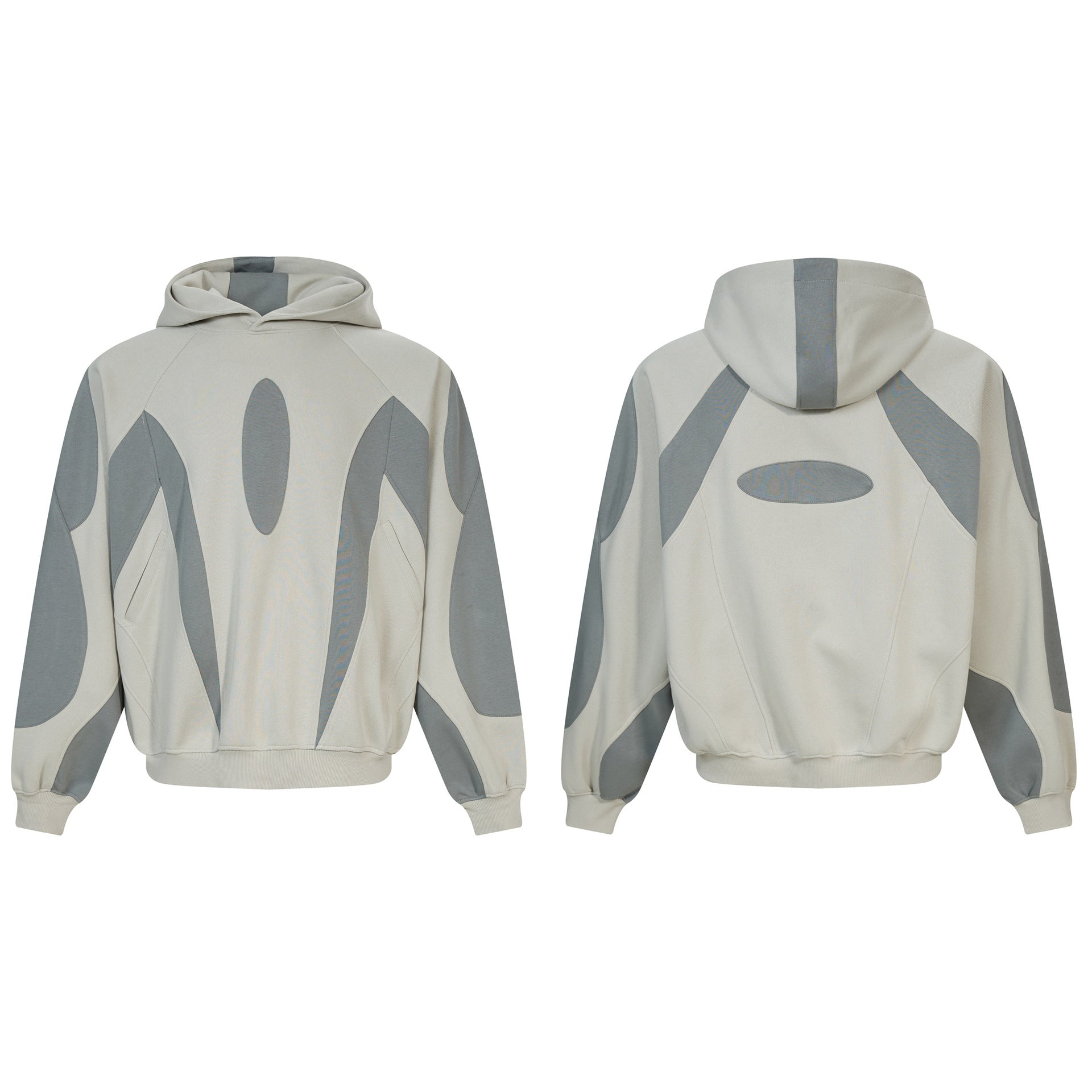 Oversized-Kapuzenpullover in Grau und Creme mit zweifarbigem Patchwork und ovaler Applikation, Vorder- und Rückansicht