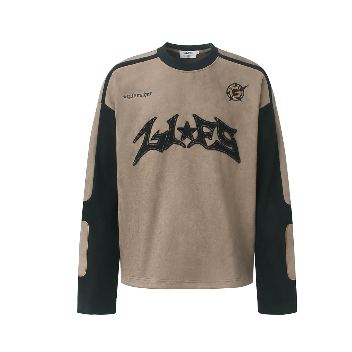 GLFS Langarmshirt im Wildleder-Colorblock-Design in Beige und Schwarz mit Graffiti-Applikation auf der Brust