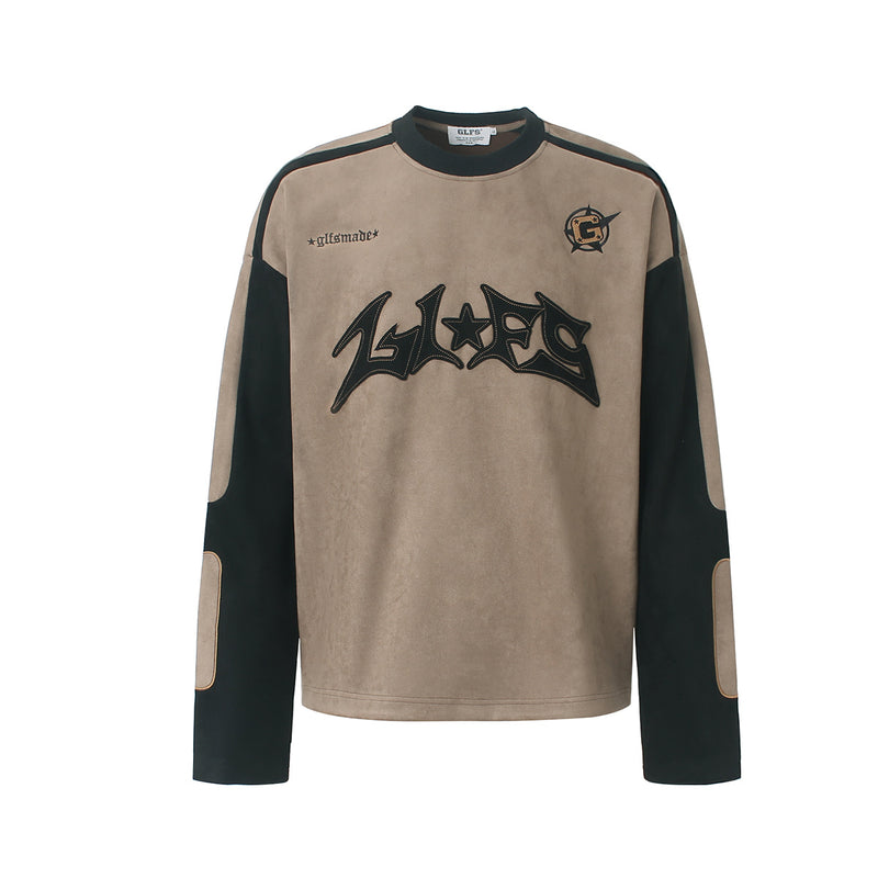 GLFS Langarmshirt im Wildleder-Colorblock-Design in Beige und Schwarz mit Graffiti-Applikation auf der Brust