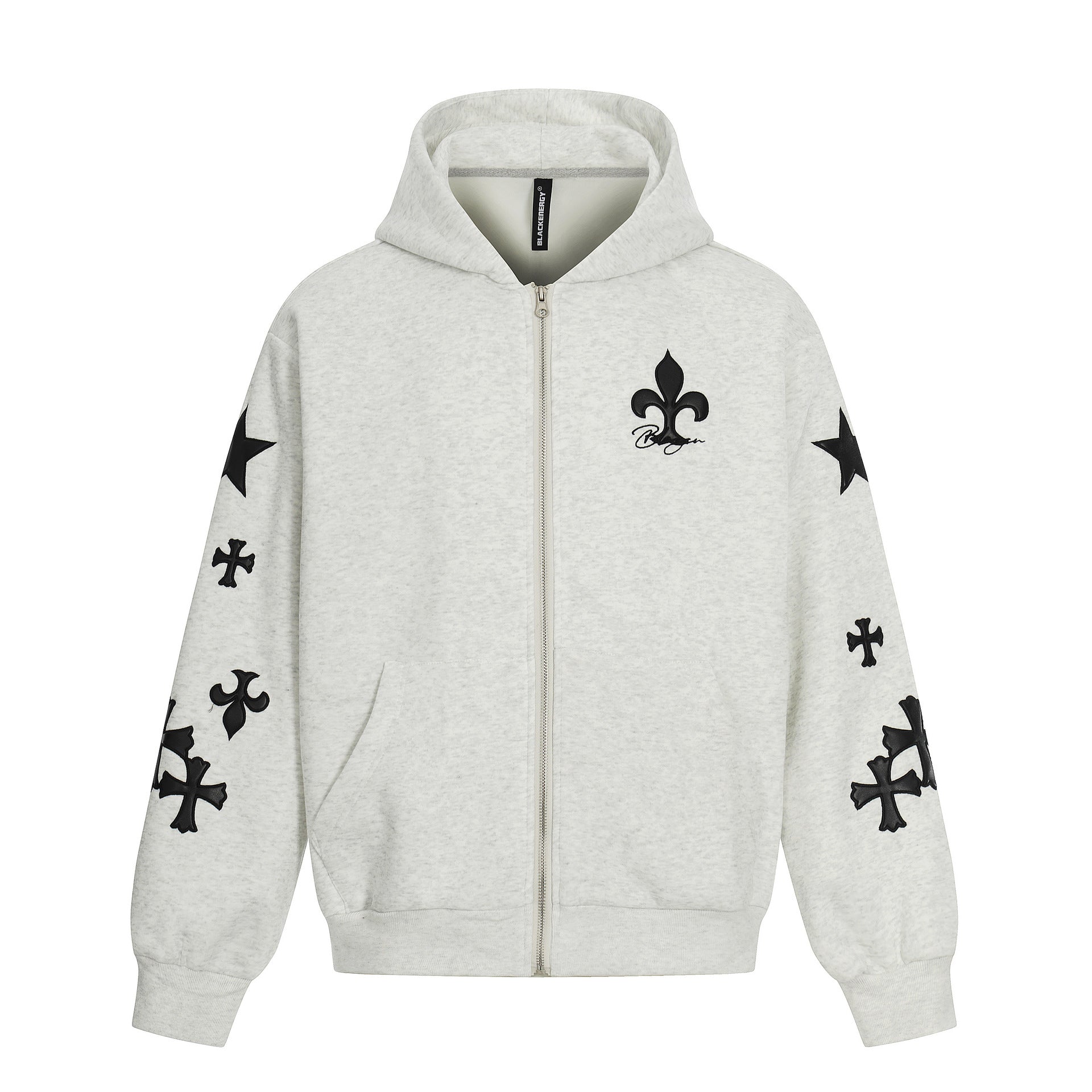 Sudadera con cremallera estampada con cruces y flor de lis – Cárdigan oversize vintage estadounidense