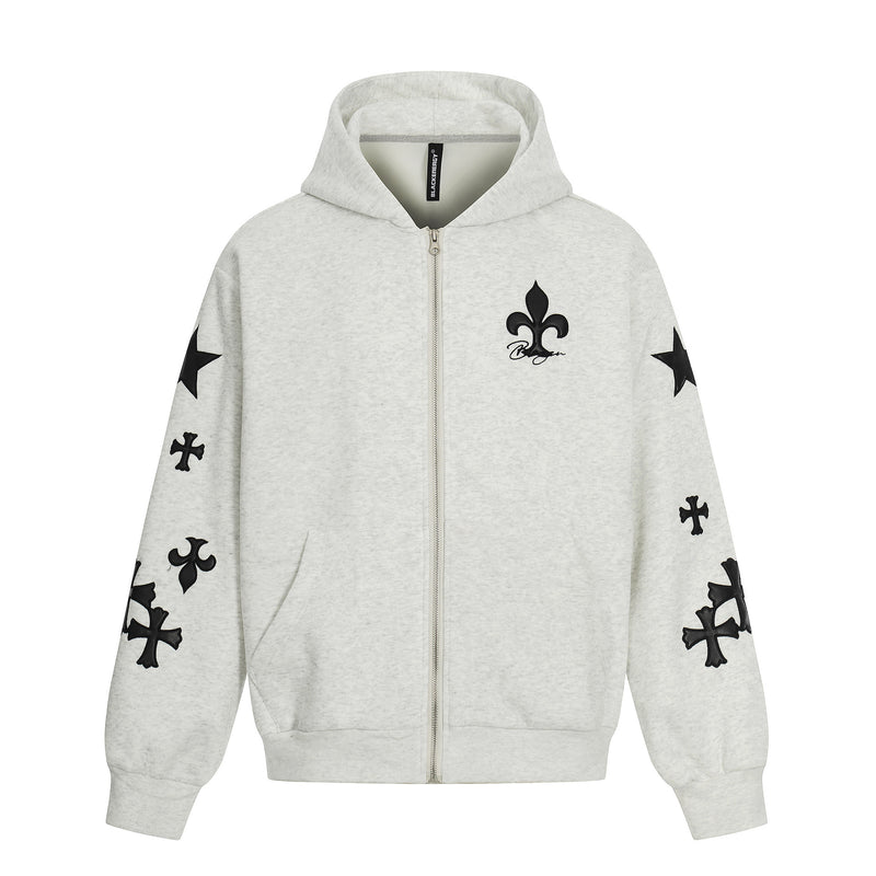 Sudadera con cremallera estampada con cruces y flor de lis – Cárdigan oversize vintage estadounidense