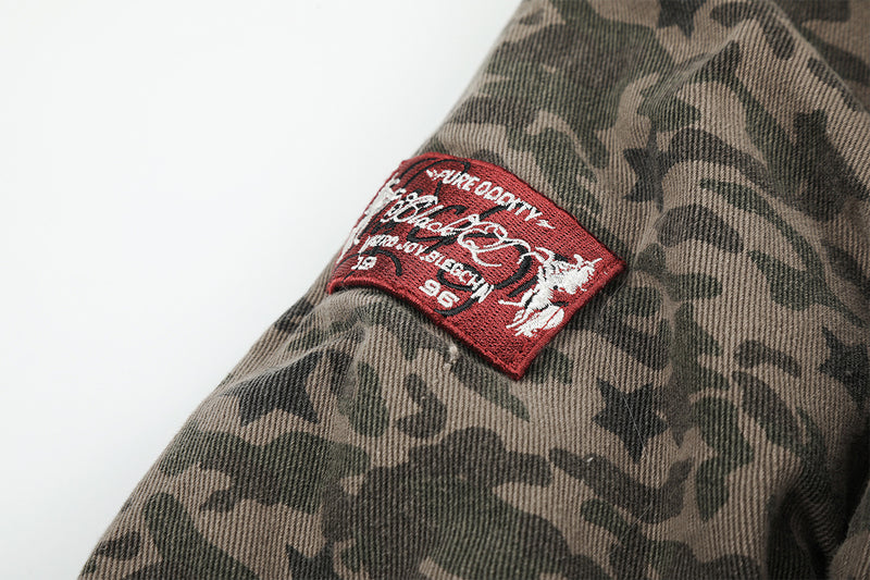 Camouflage Star-Print Padded Bomber Jacket with Faux Fur Hood