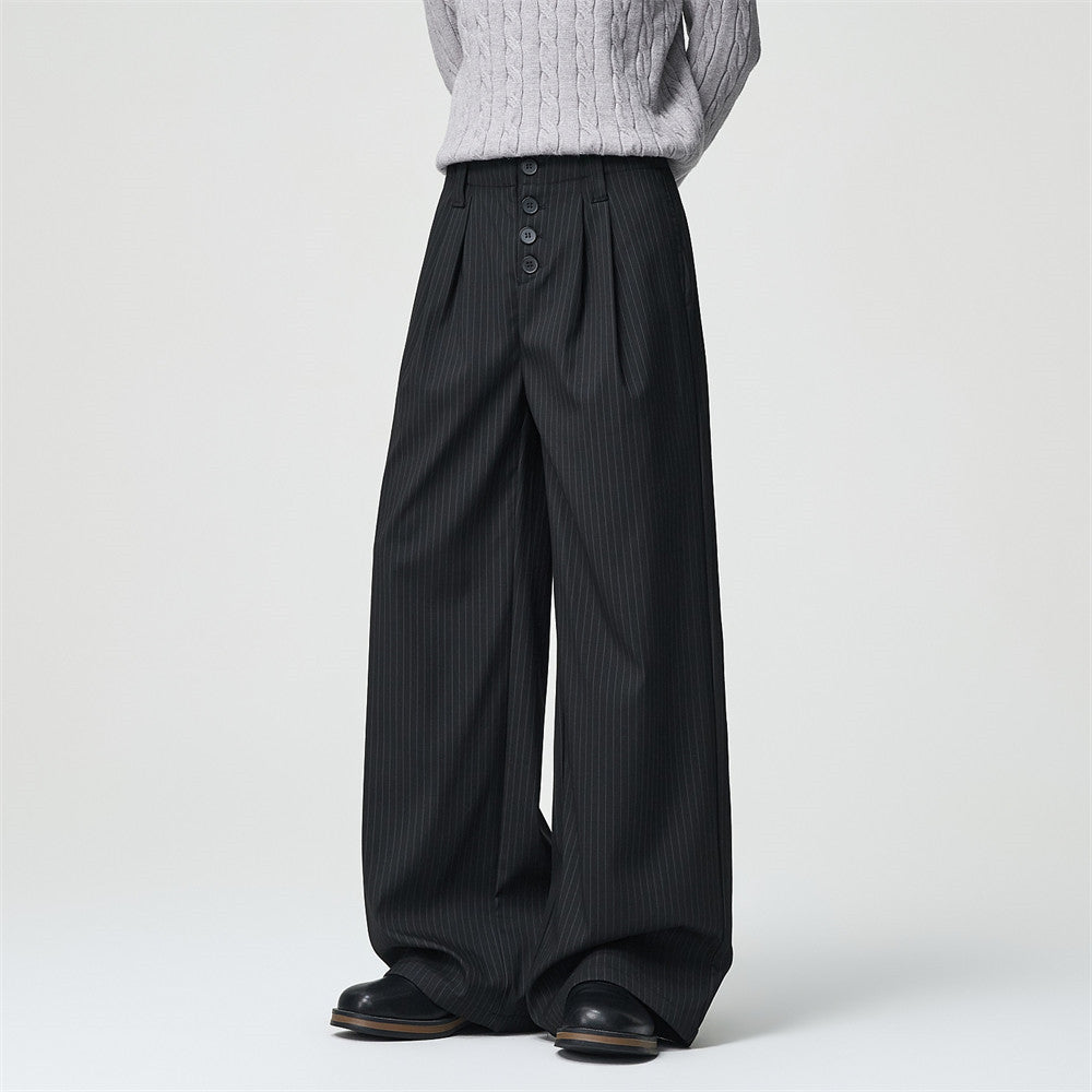 Men's Black Pinstripe Wide-Leg Trousers – Pleated Button-Fly Dress Pants