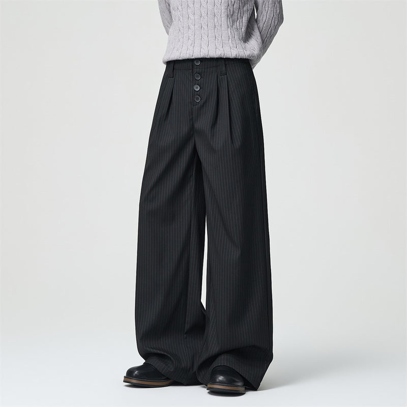 Men's Black Pinstripe Wide-Leg Trousers – Pleated Button-Fly Dress Pants