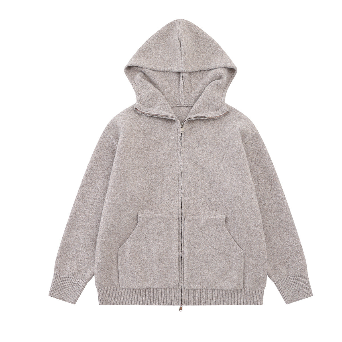 Relaxed-fit knit zip-up hoodie in heather grey showing bold golden eagle graphic on the back