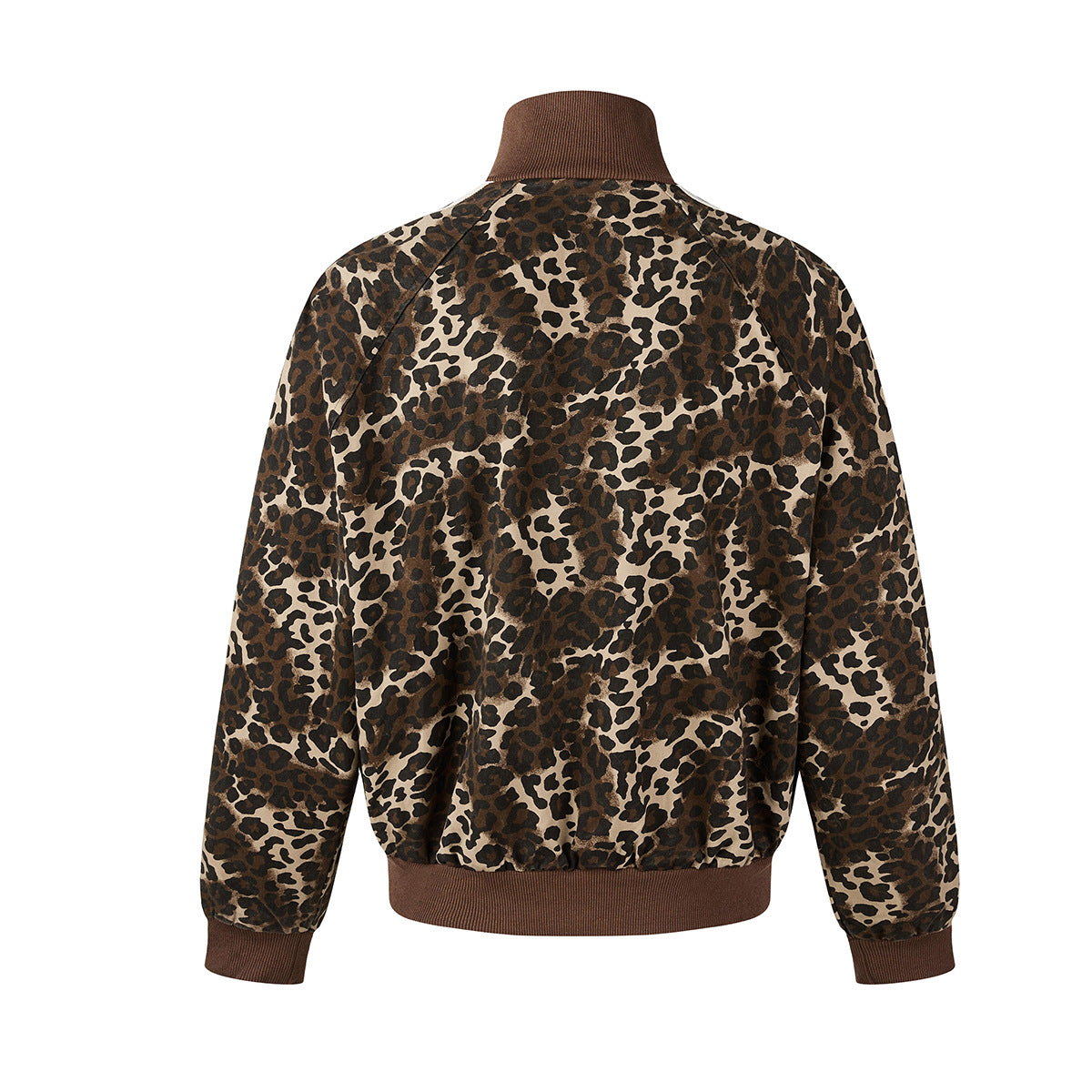 Leopard Print Track Jacket with Striped Sleeve Tape and Mock Neck Zip