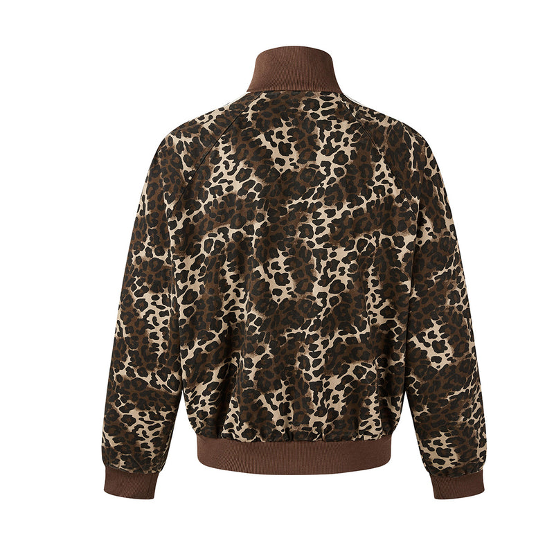 Leopard Print Track Jacket with Striped Sleeve Tape and Mock Neck Zip