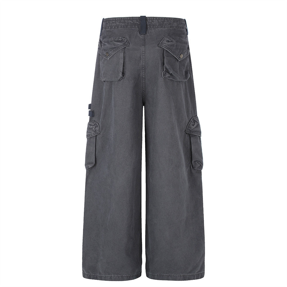 Baggy Cargo Pants Men Wide-Leg Multi-Pocket Washed Streetwear Trousers