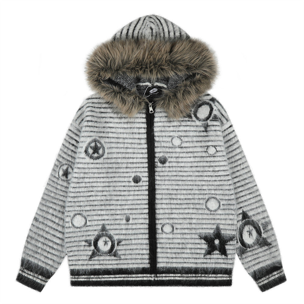 Striped Fur-Trim Zip-Up Knit Hoodie with Star & Circle Print