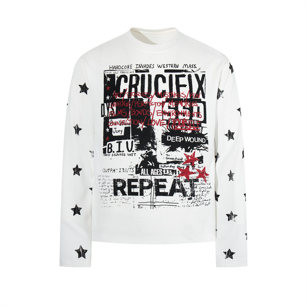 White waffle-knit long sleeve tee with Crucifix hardcore punk collage graphic on front and black star prints on sleeves