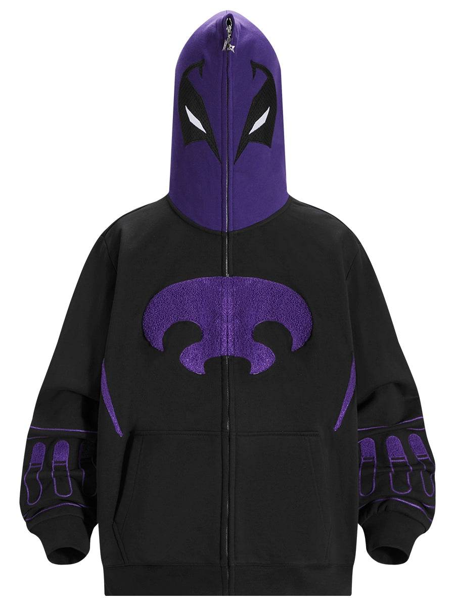 Dark Hero Hoodie - 400GSM Oversized Black and Purple Superhero Zip-Up Sweatshirt