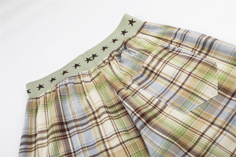 Plaid Wide-Leg Parachute Pants with Elastic Star Waistband & Drawstring Hem