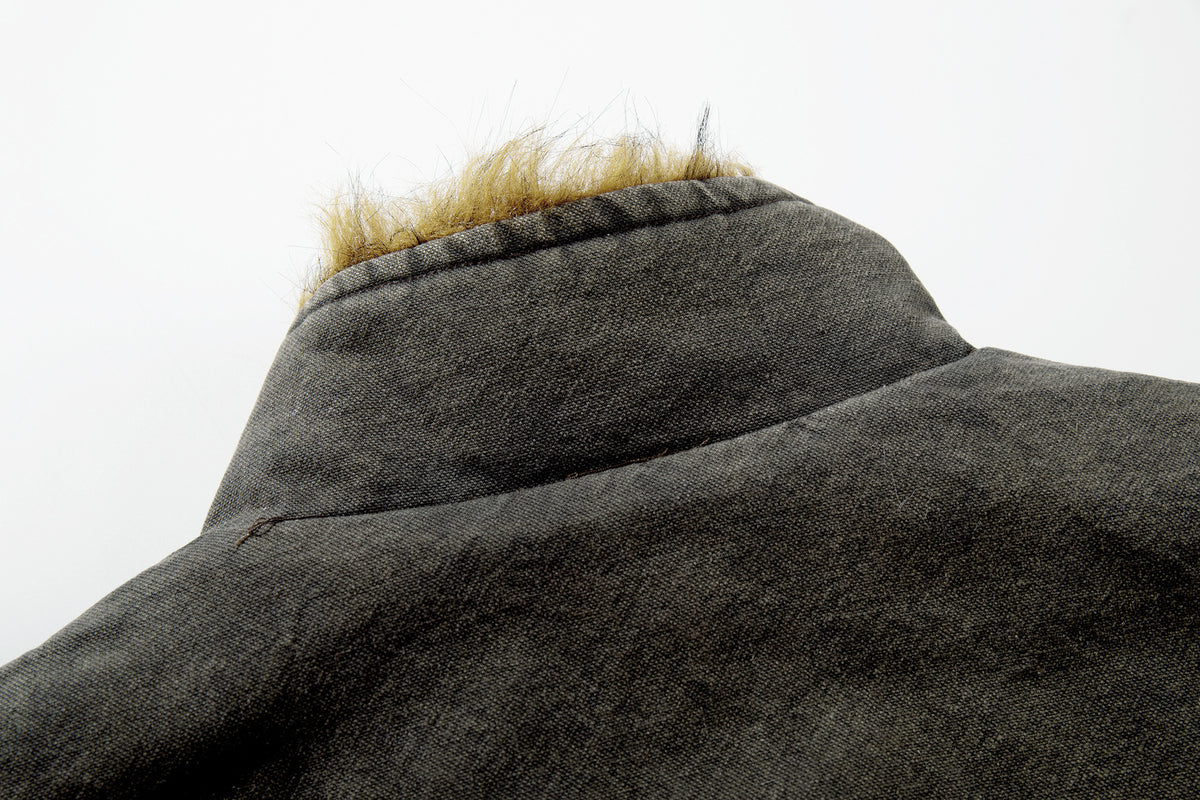 Washed Denim Fur-Collar Padded Jacket – Fleece-Lined Workwear Bomber