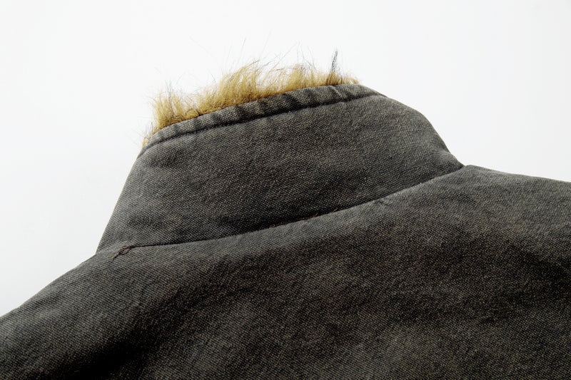 Washed Denim Fur-Collar Padded Jacket – Fleece-Lined Workwear Bomber