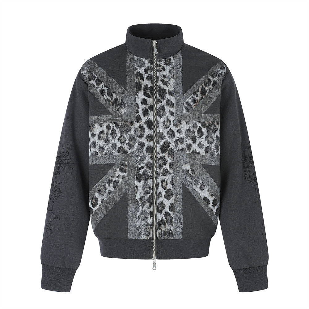 Union Jack Leopard Print Zip-Up Track Jacket – Oversized Fit