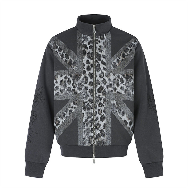 Union Jack Leopard Print Zip-Up Track Jacket – Oversized Fit