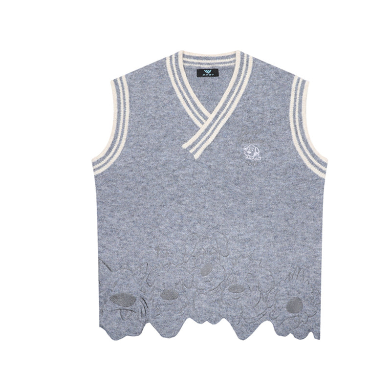 V-Neck Knit Sweater Vest with Irregular Hem & Puppy Embroidery