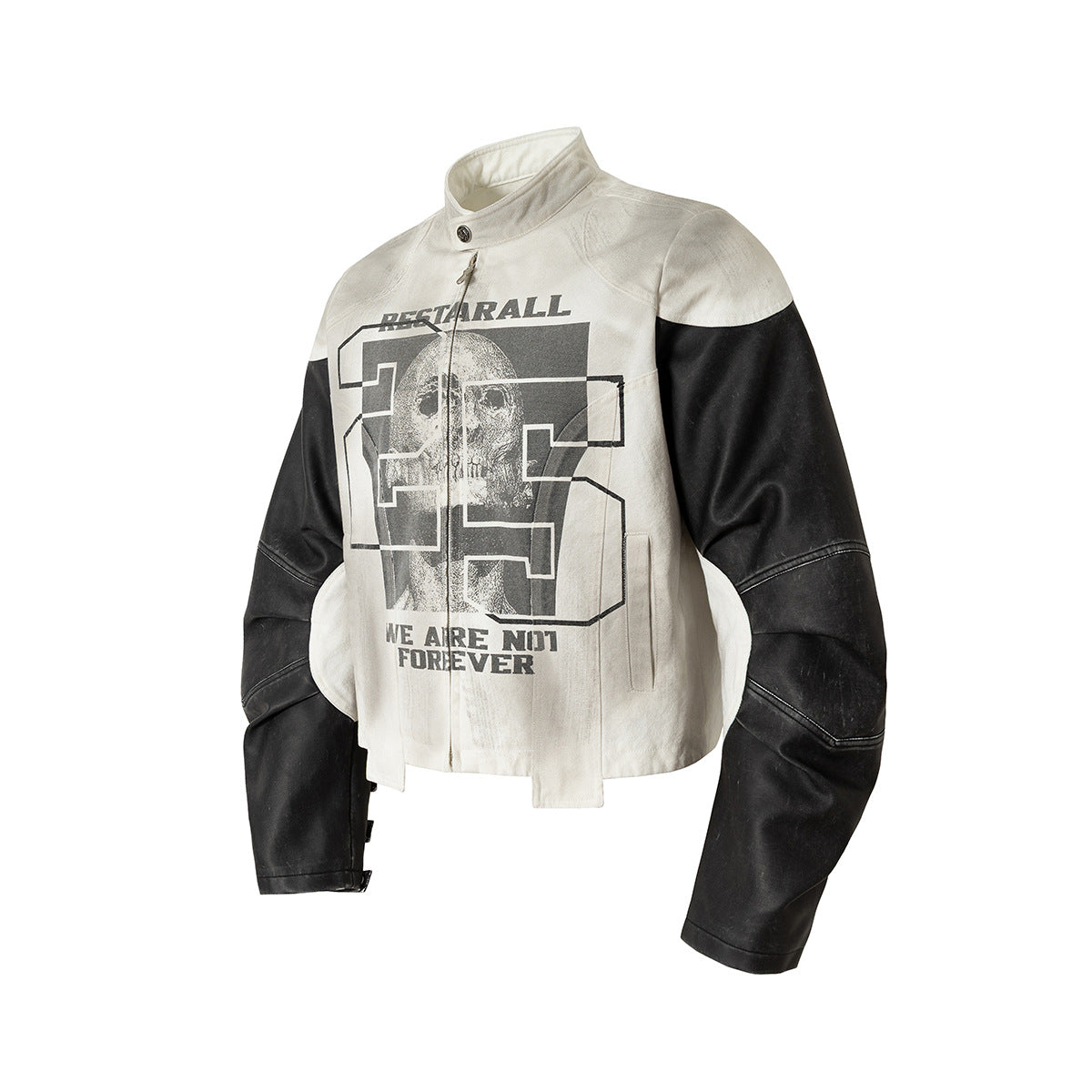 Veste moto à imprimé tête de mort – Blouson biker à col montant et manches bicolores en similicuir PU