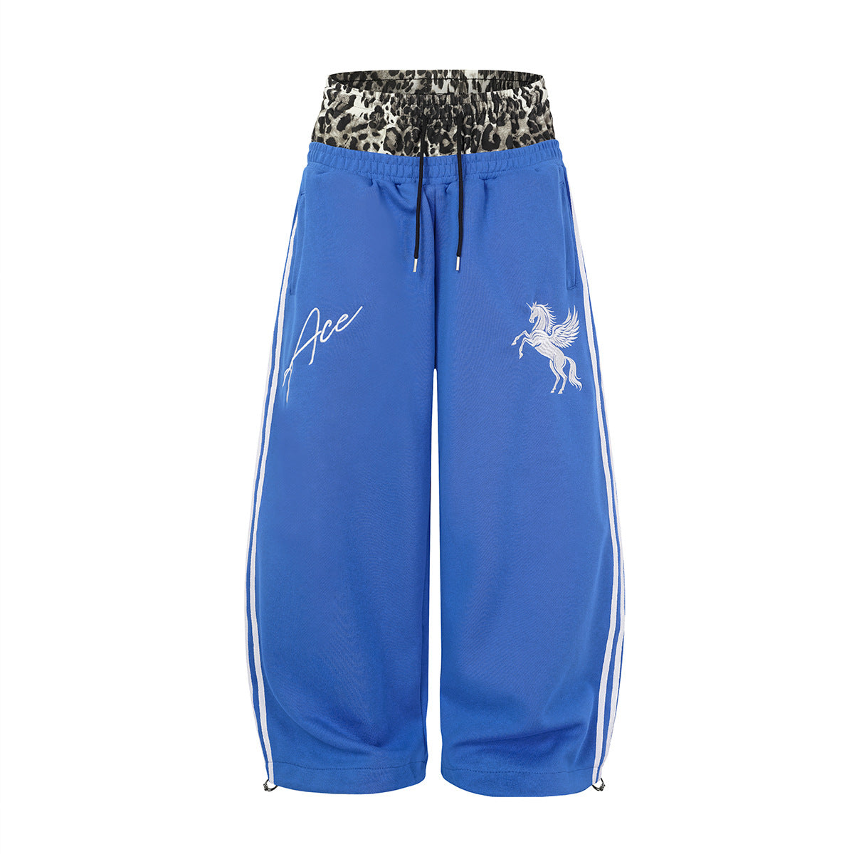 Wide leg sweatpants in cobalt blue with leopard-print waistband, Pegasus embroidery, and white side stripes