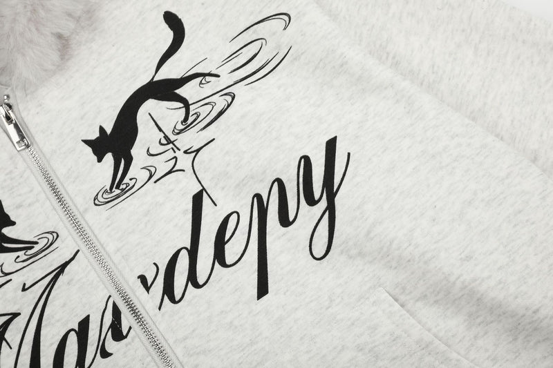 Sweat à capuche zippé à motif chat avec bordure en fausse fourrure