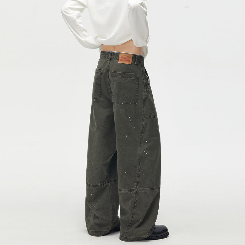 Baggy Cargo Pants Men – Olive Green Paint-Splatter Deconstructed Workwear
