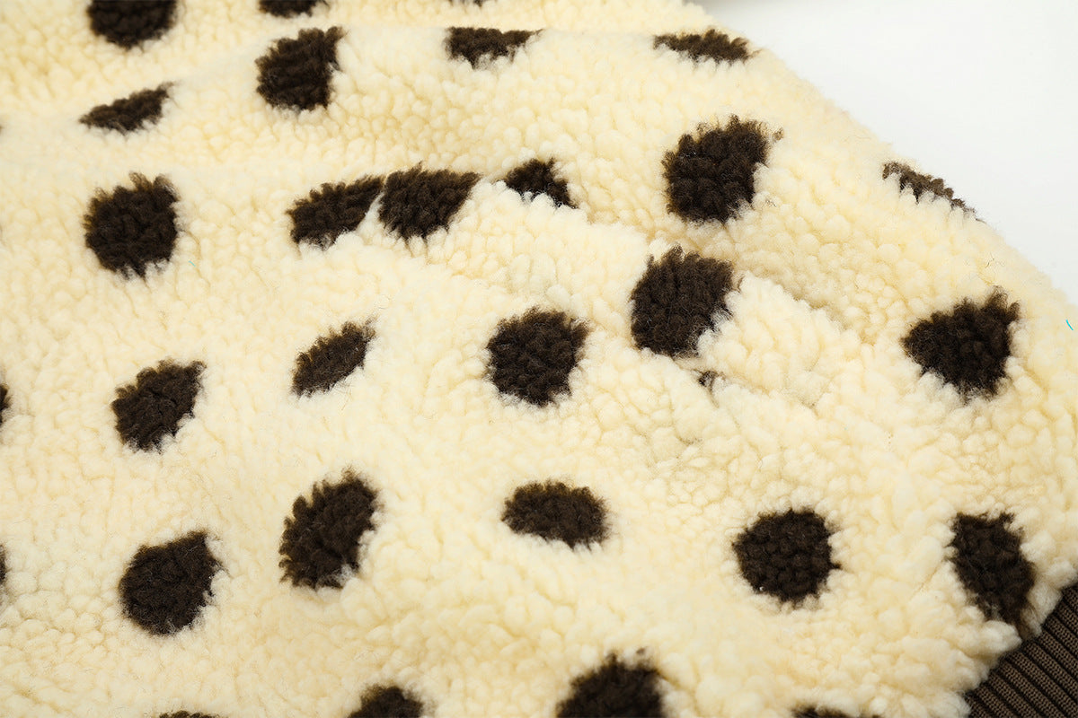 Polka Dot Sherpa Bomber Jacket with Faux Fur Hood Trim