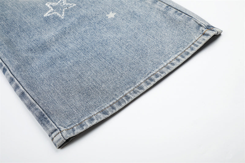 Star Embroidered Distressed Wide-Leg Jeans – Washed Baggy Denim with Ripped Knee
