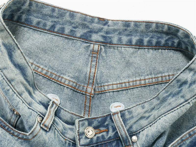 Men's Baggy Wide-Leg Jeans – Studded & Embroidered Washed Denim