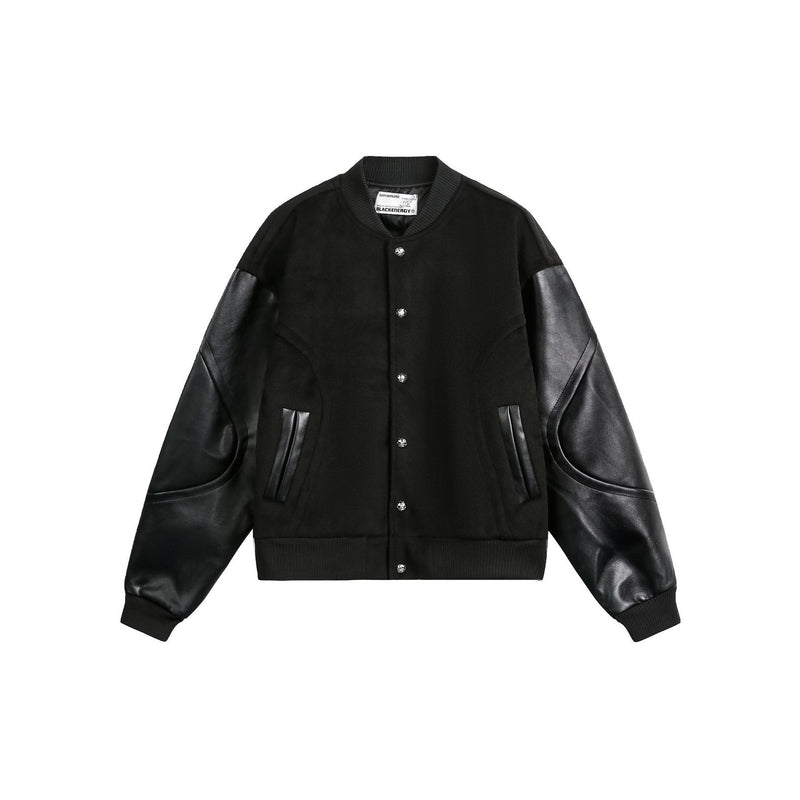 Blouson bomber varsity – Corps noir en mélange de laine et manches en simili cuir