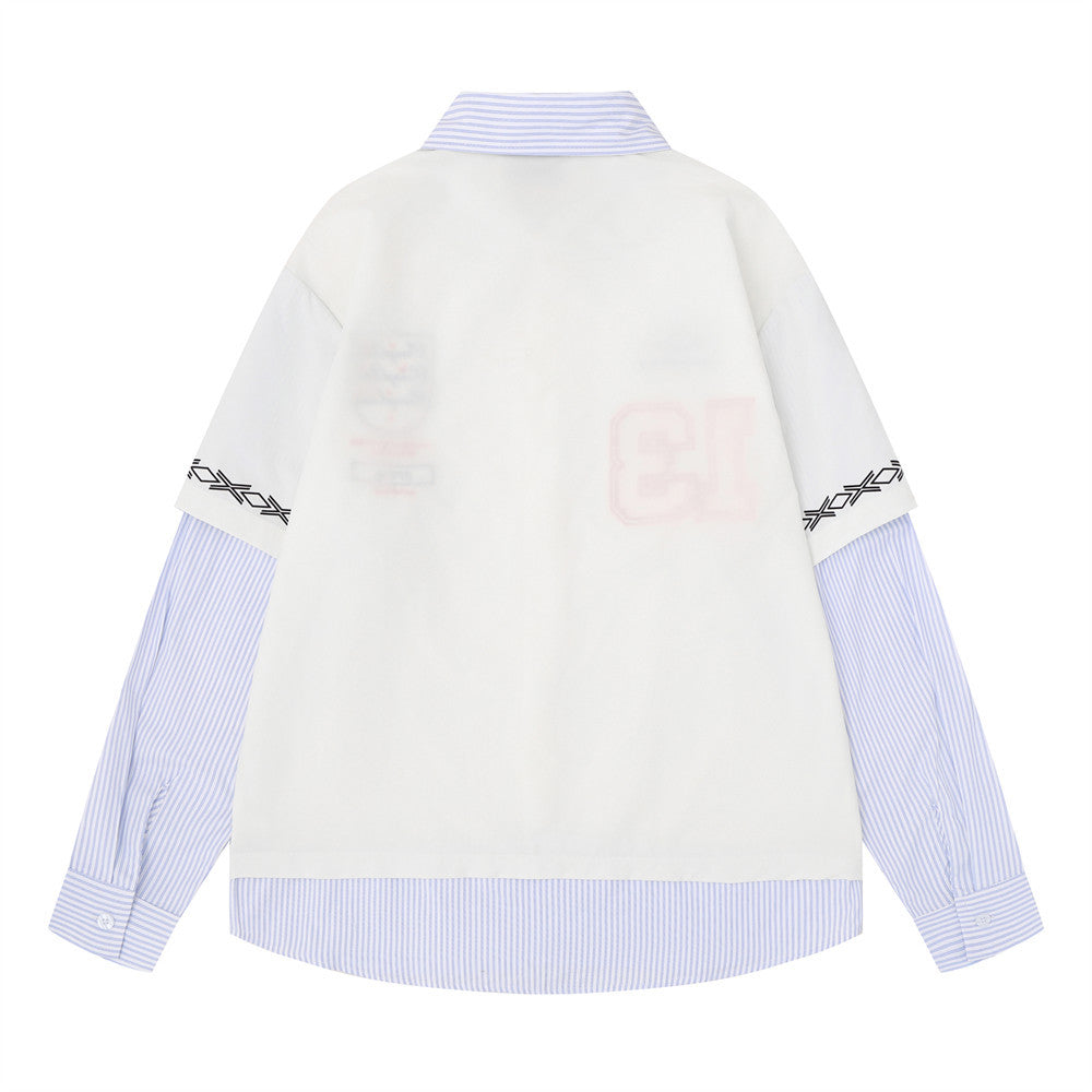 Layered Long Sleeve Shirt Men's Streetwear Faux Two-Piece Number 13 Embroidered