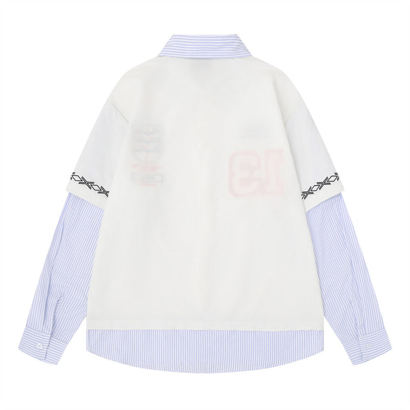 Layered Long Sleeve Shirt Men's Streetwear Faux Two-Piece Number 13 Embroidered