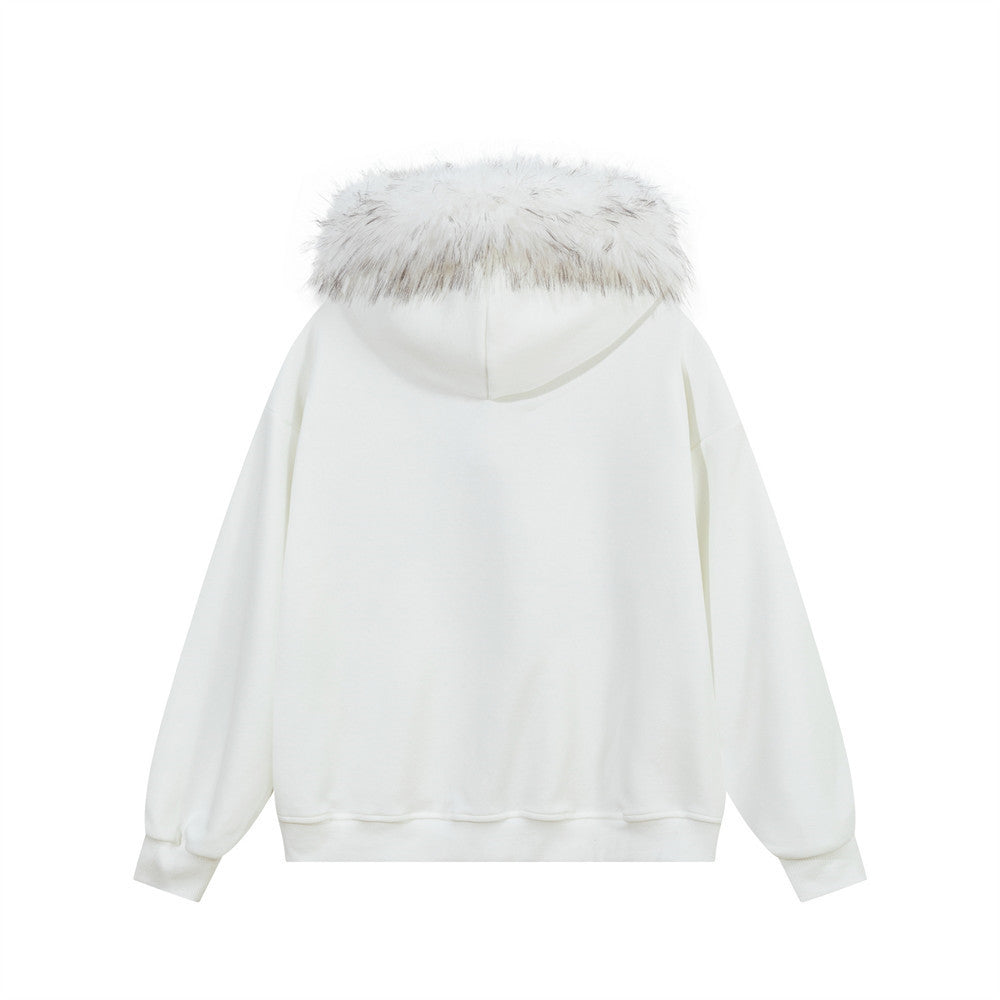 Fur Trim Zip-Up Hoodie with Letter Patch Appliqué and Washed Finish