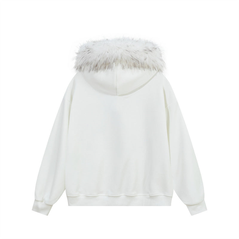 Fur Trim Zip-Up Hoodie with Letter Patch Appliqué and Washed Finish