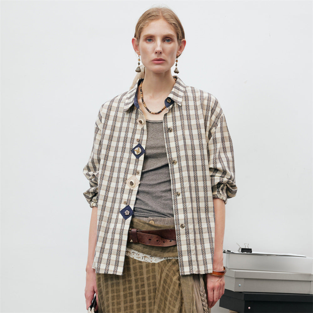 Oversized Plaid Long Sleeve Button-Up Shirt – Relaxed Fit Vintage Check