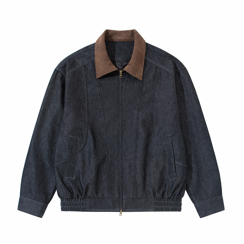 Men's dark indigo denim bomber jacket with contrast brown collar and dual brass zip closure, front and back view