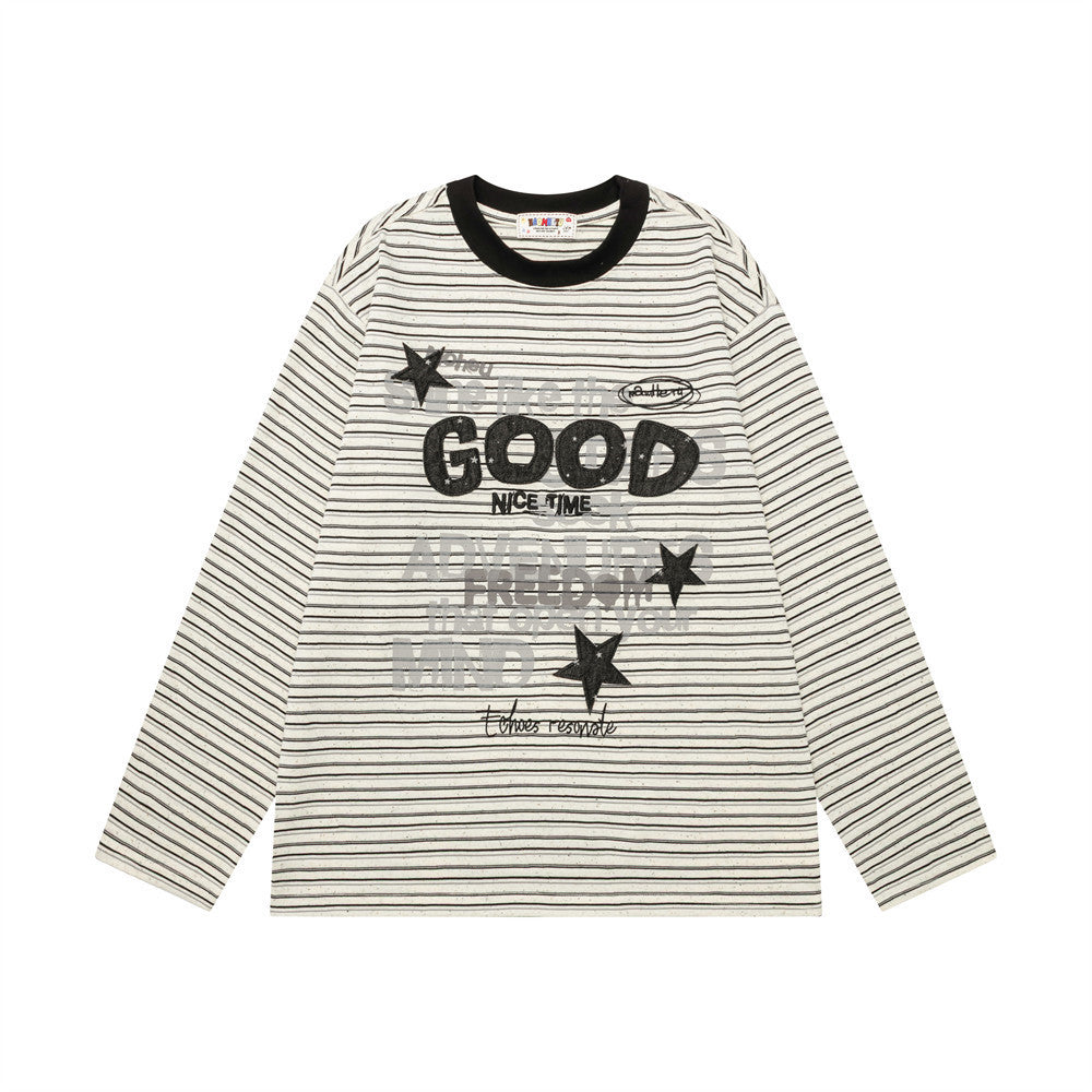 Gestreiftes Longsleeve mit Grafikprint – Retro-amerikanischer Schriftzug, Relaxed Fit