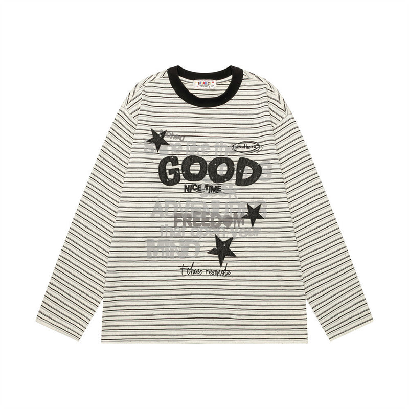Gestreiftes Longsleeve mit Grafikprint – Retro-amerikanischer Schriftzug, Relaxed Fit