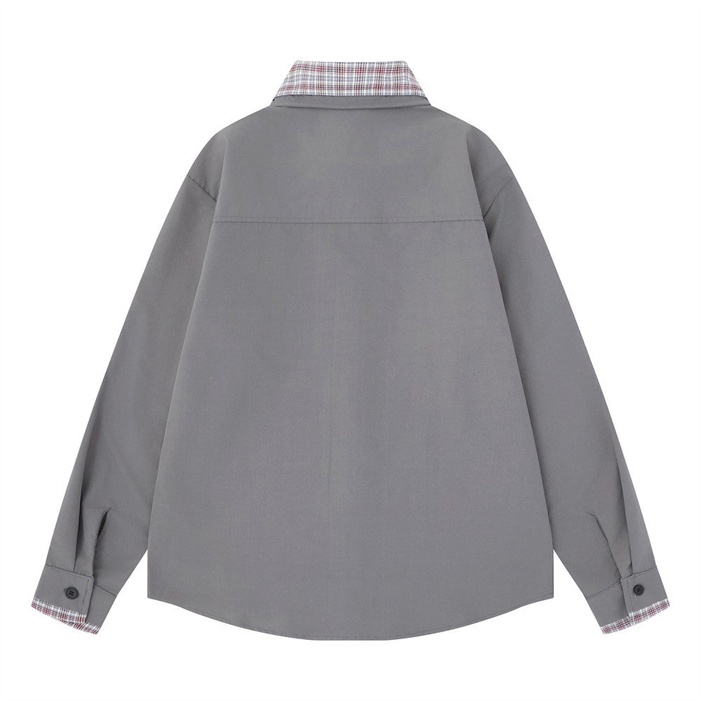 Men's Faux Two-Piece Plaid Collar Long Sleeve Shirt – Double-Layer Spliced