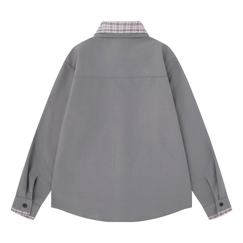 Men's Faux Two-Piece Plaid Collar Long Sleeve Shirt – Double-Layer Spliced
