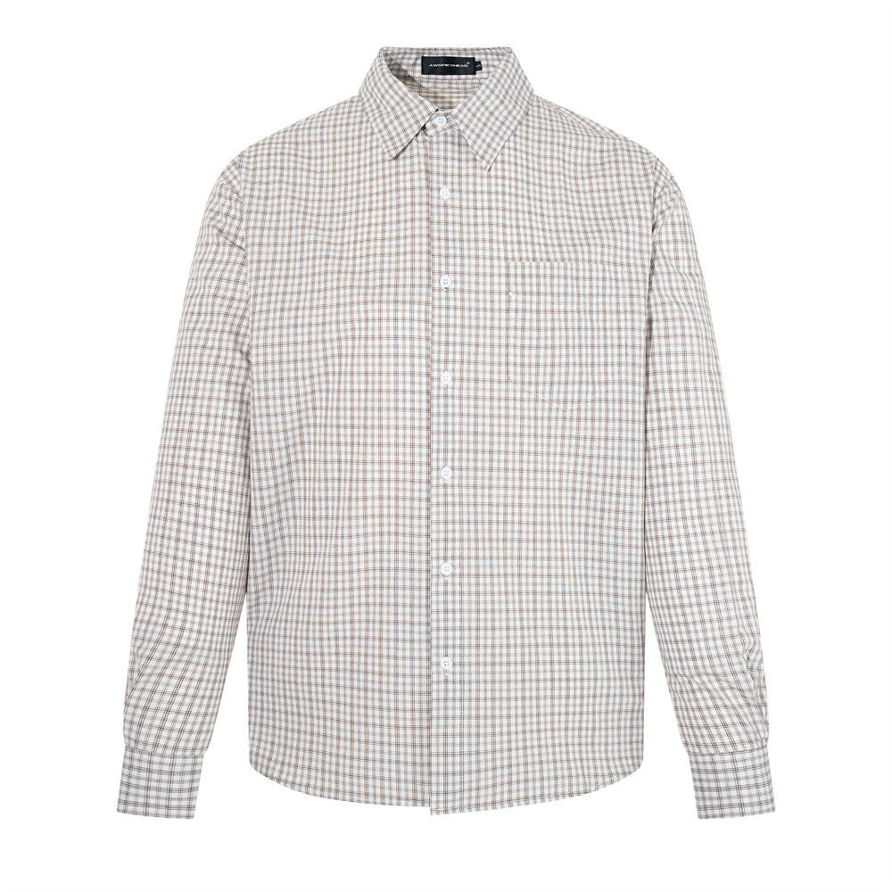 Men's relaxed-fit plaid long-sleeve button-up shirt in wheat check, front view