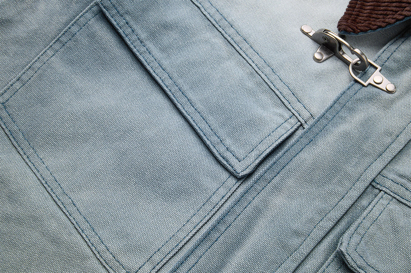 Boxy Washed Denim Workwear Jacket with Corduroy Collar & Clasp Closure